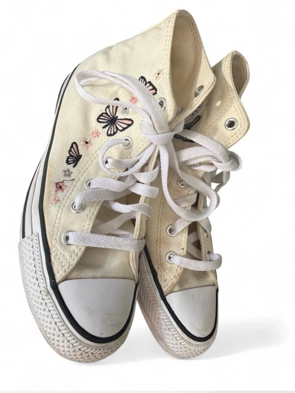 Converse Cream High-Top with Black and Pink Butterfly Embroidery